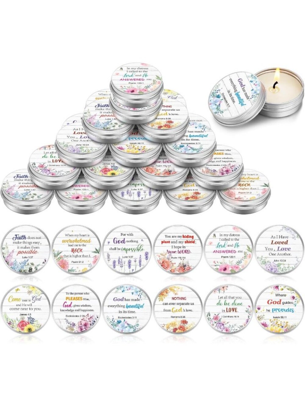 36 Set Prayer Candles with Bible Verses, Scented Floral Tins for Relaxation
